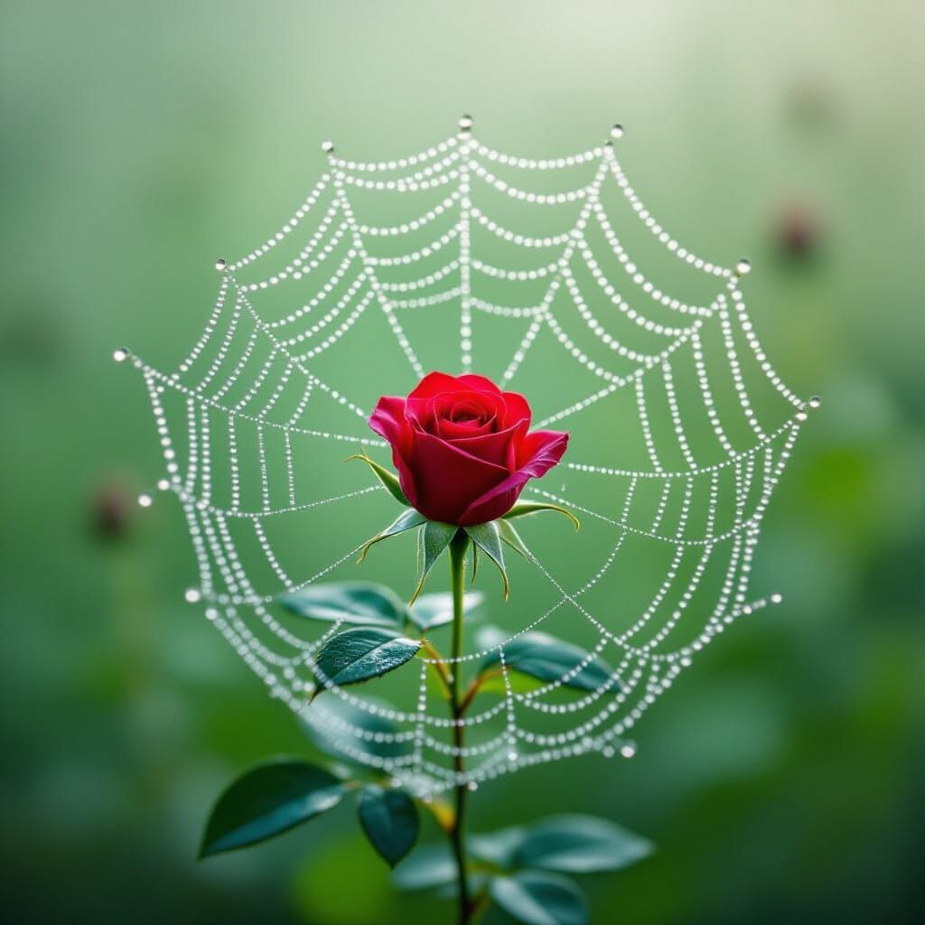 Dew-Kissed Web With Red Rose