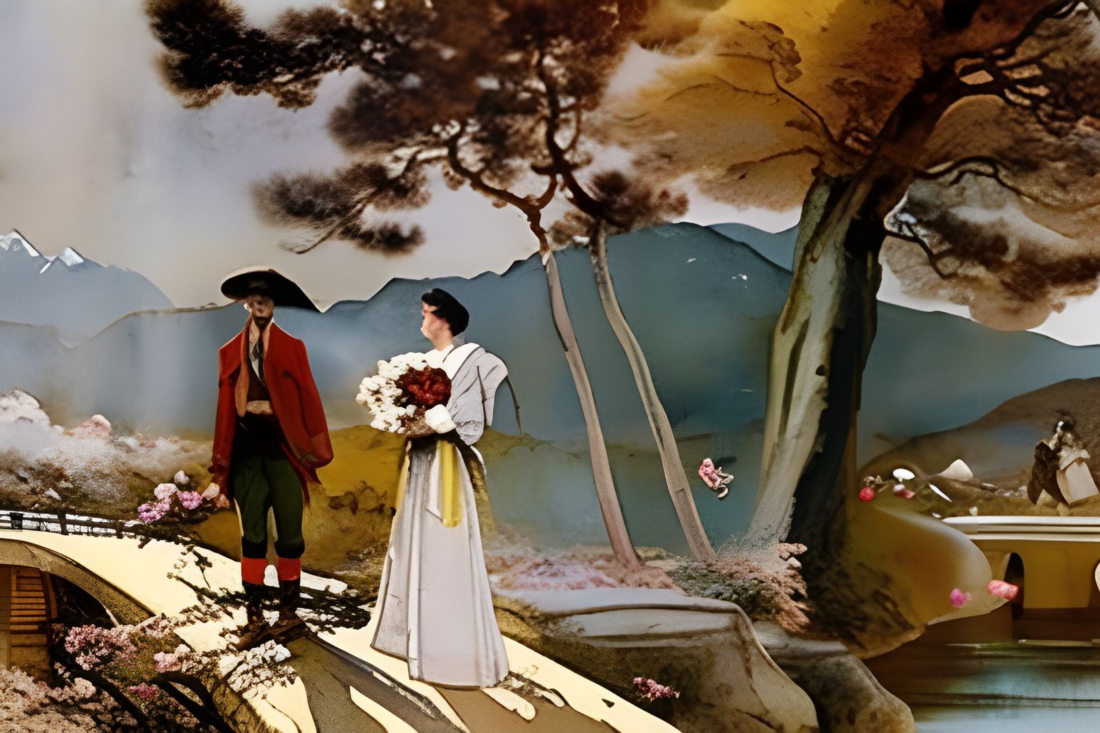 Romantic Couple in Park with Cherry Blossoms, Aquarel Style