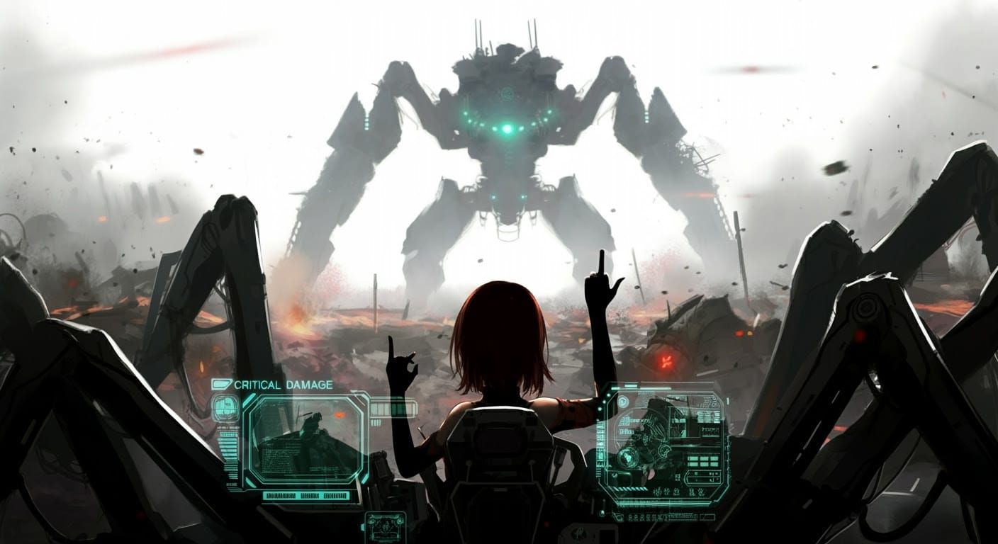 Anime Mech Pilot's Defiant Gesture in Sci-Fi Battle