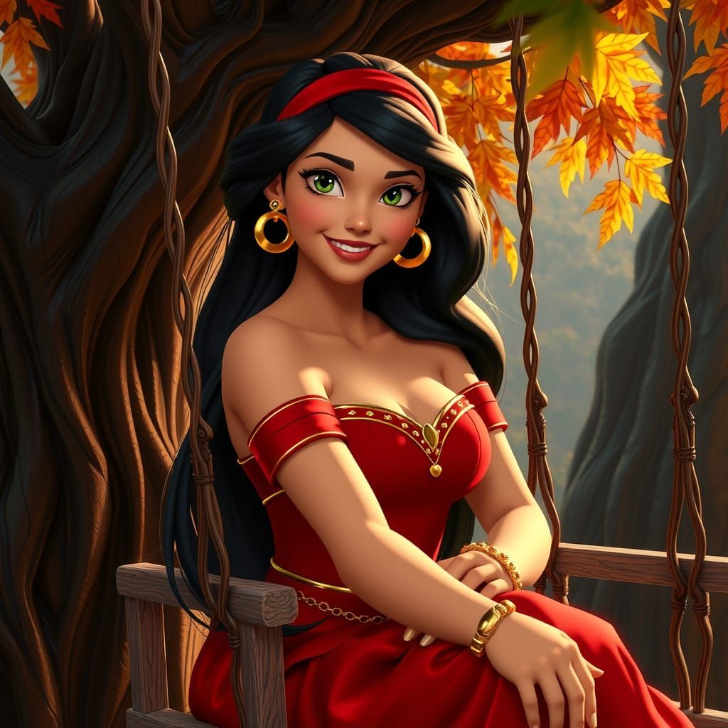 Esmeralda in Autumn Ballgown on Tree Swing