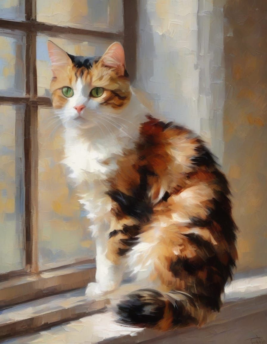 Elegant Calico Cat: Vintage Impasto Palette Knife Painting