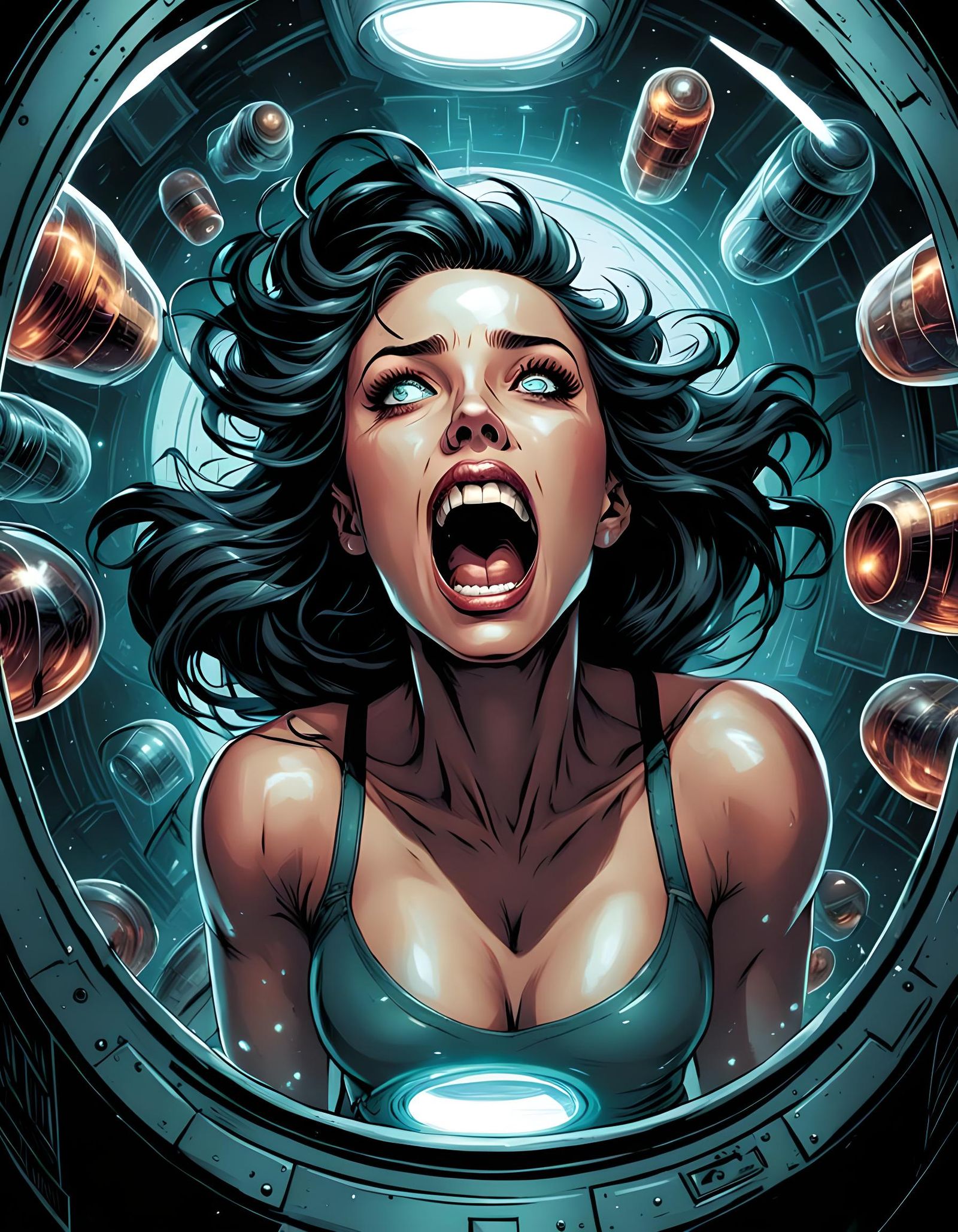 Woman Screaming in Capsule: Comic Book Art