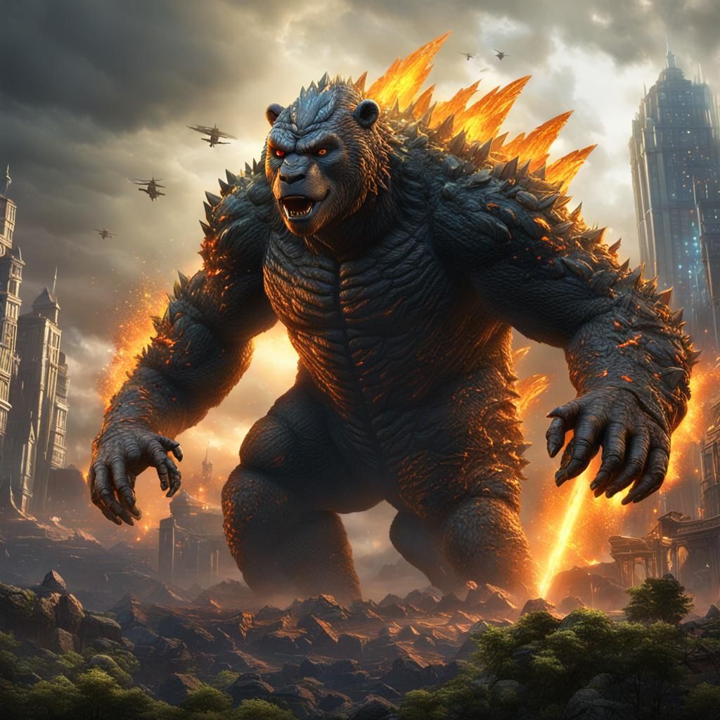 Doomsday bear, Godzilla lightnings, teletubby Land, 8k, hdr10, unreal engine,