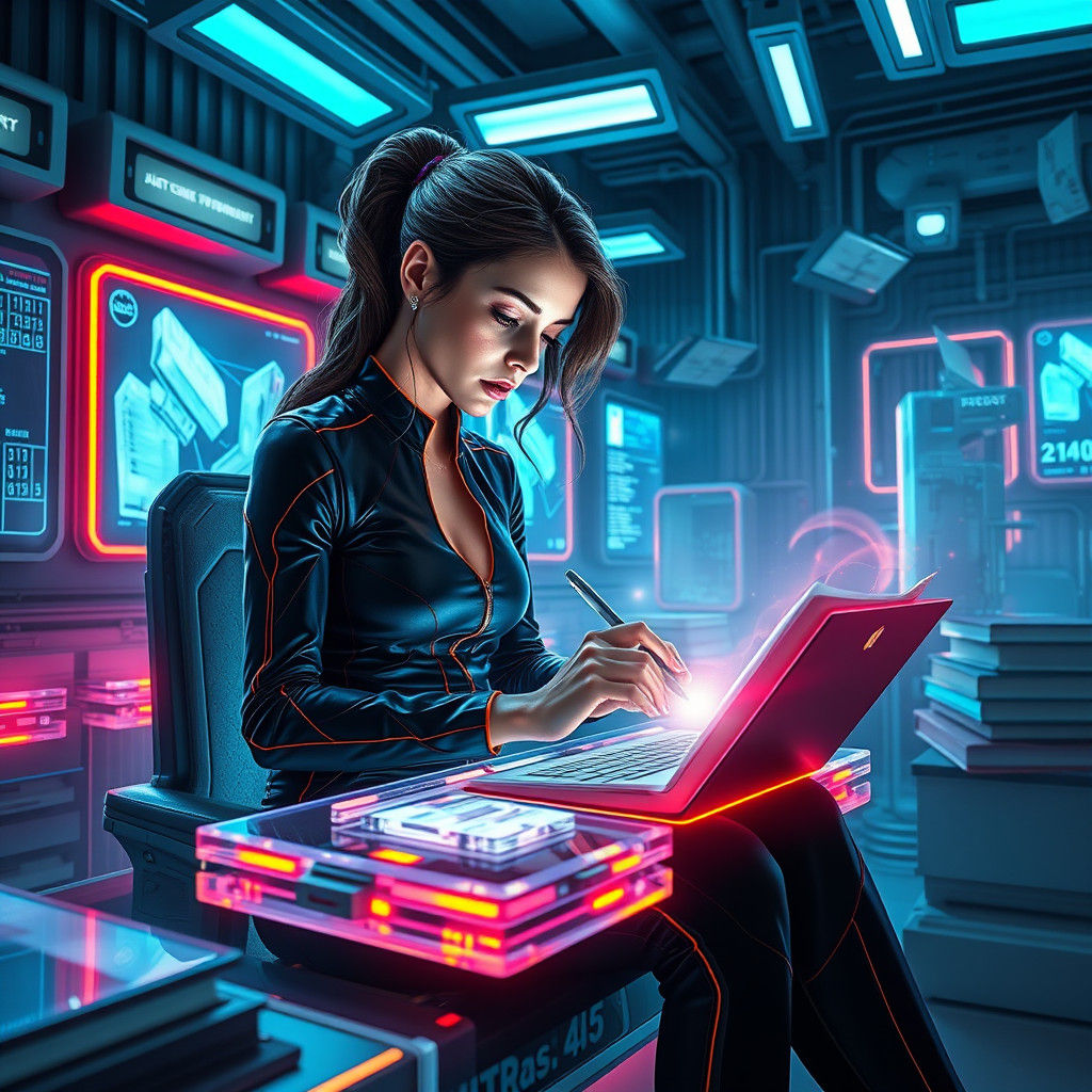 Woman Writes Novel in Futuristic Lab, Digital Art