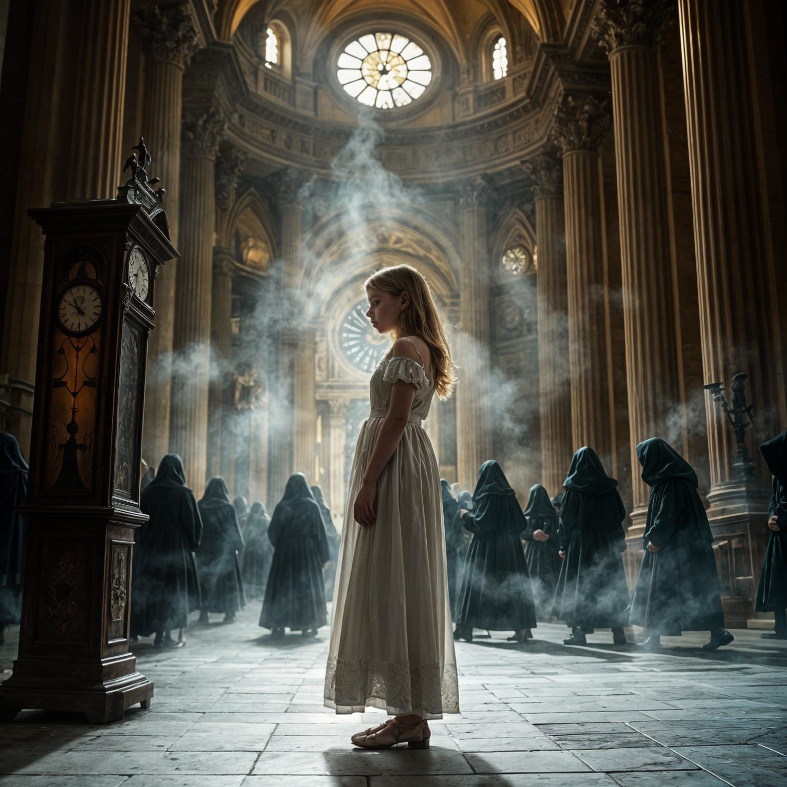 Dramatic Church Scene with Girl and Clock