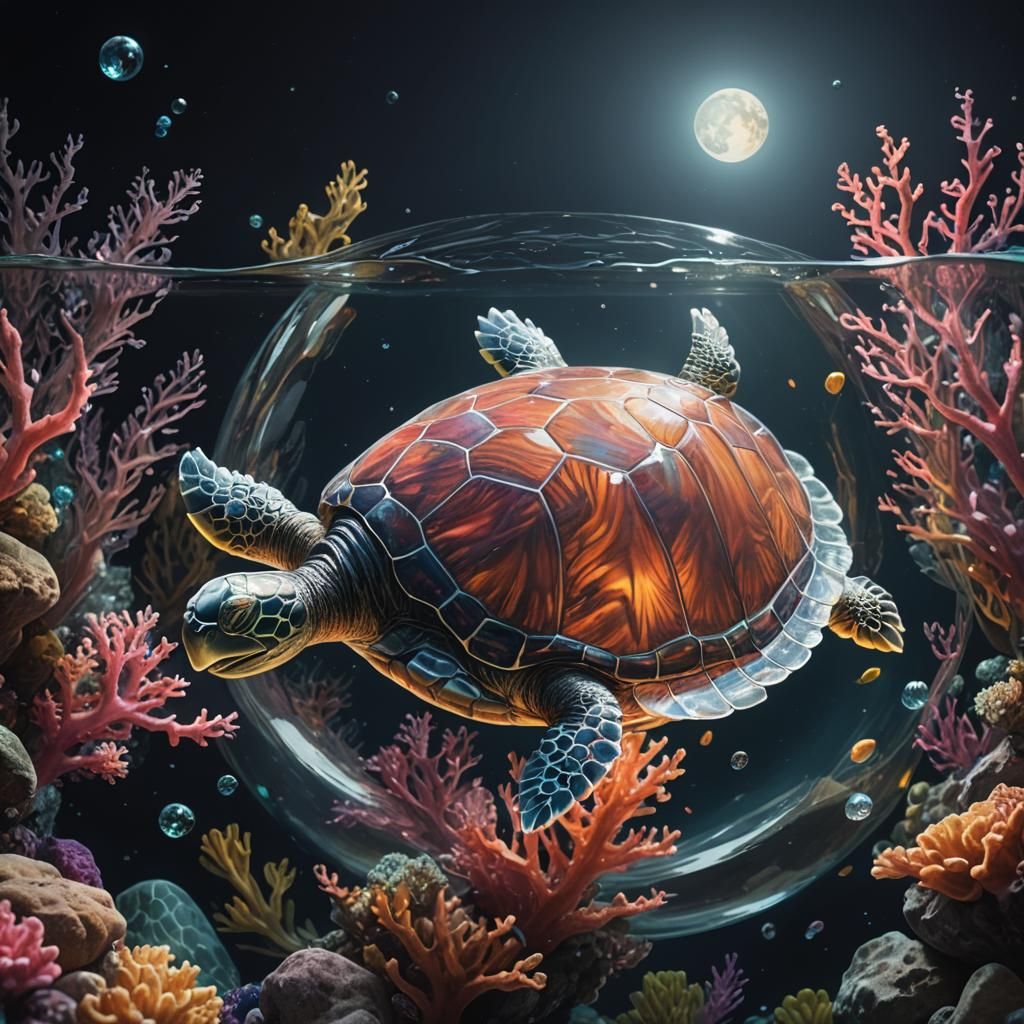 Crystal Turtle Swimming Under Moonlight: Hyperrealistic Conc...