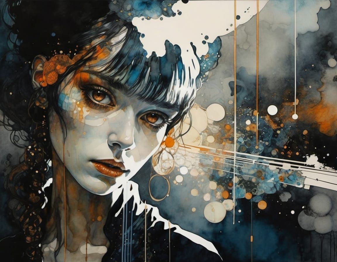 Goth Woman Portrait in Organic Line Drawing Style