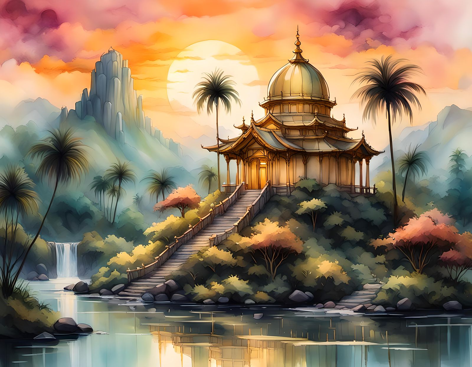 Golden Dome Temple in Lush Landscape, Rackham and Kinkade St...