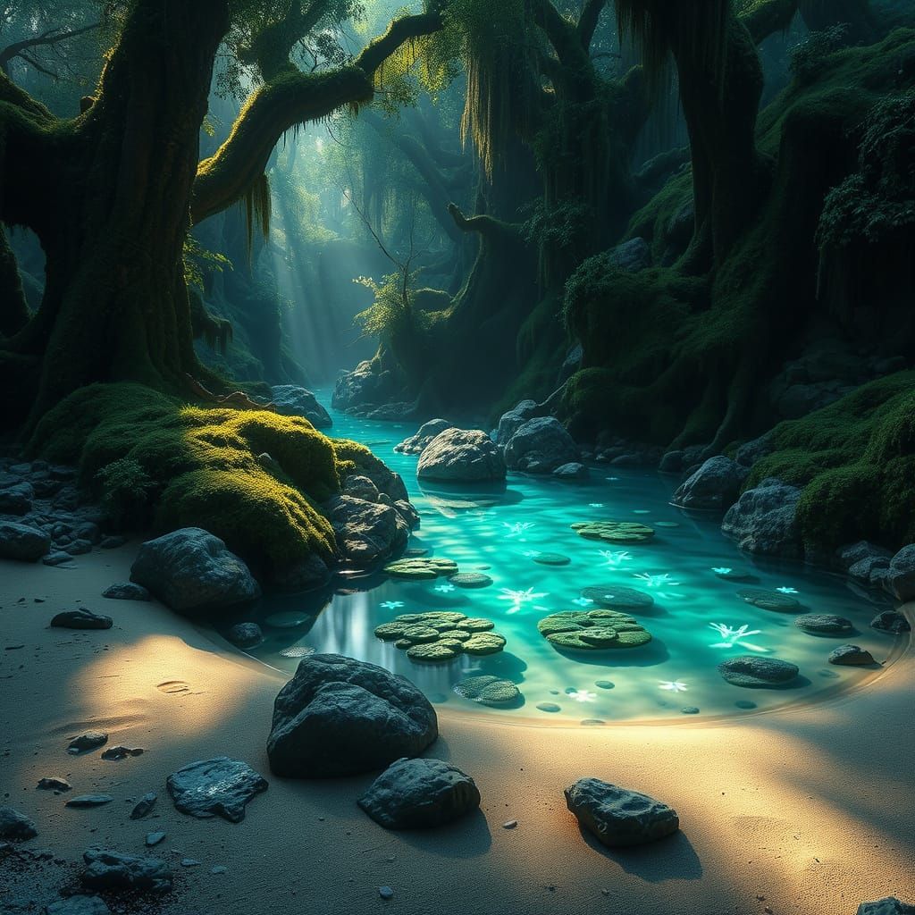 Glowing Bioluminescent Lagoon in Ancient Forest