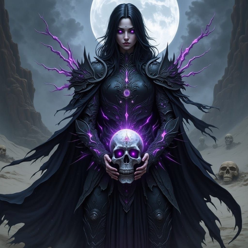 Dark Fantasy Wither Sorceress in Desolate Landscape