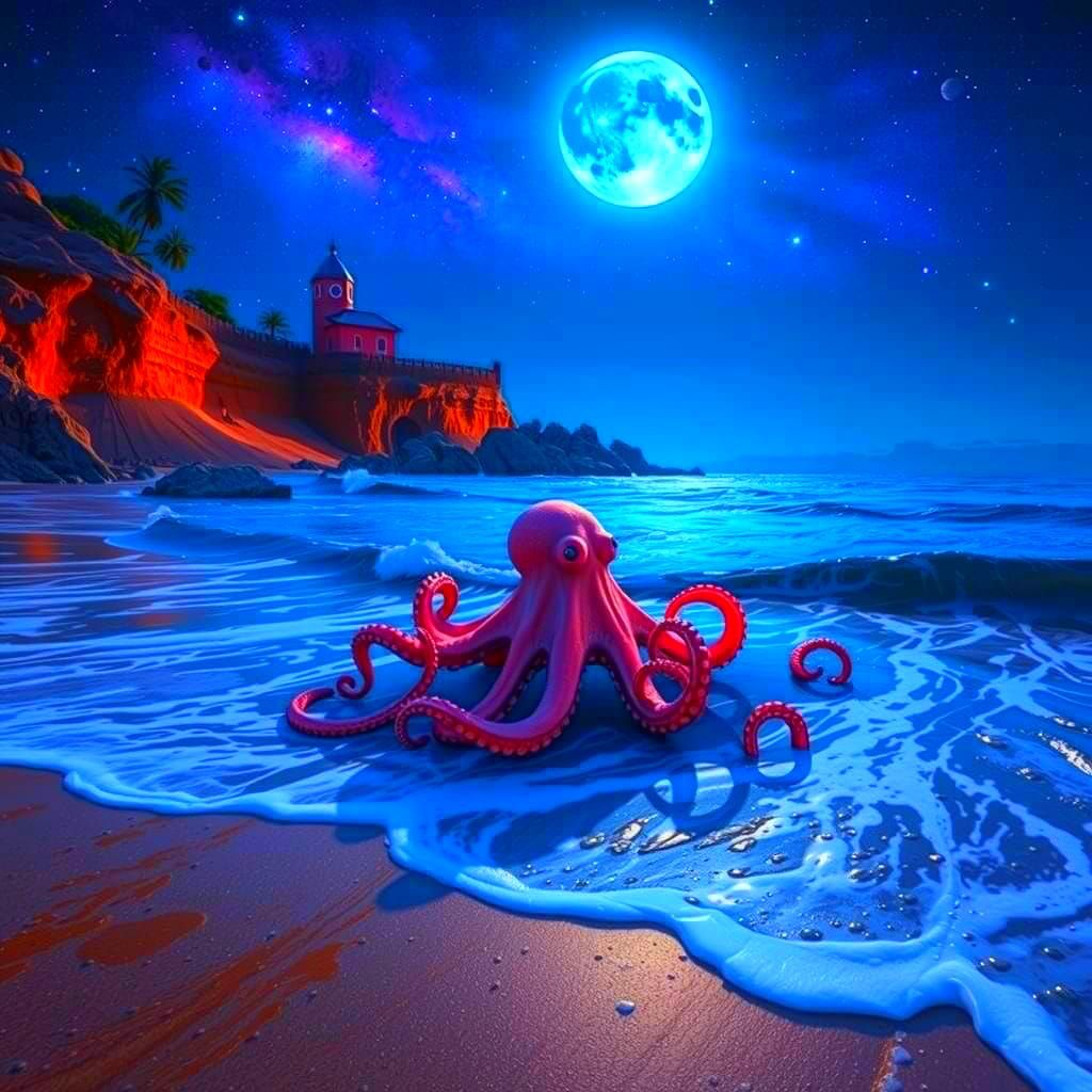 Luminous Lunar Seascape with Octopus