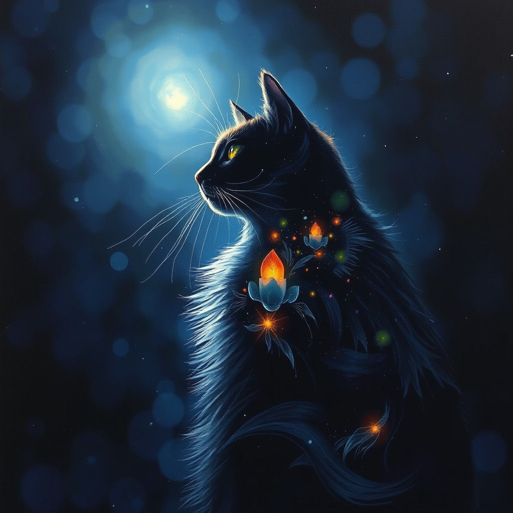Ethereal Cat Silhouette in Dreamlike Oil Painting