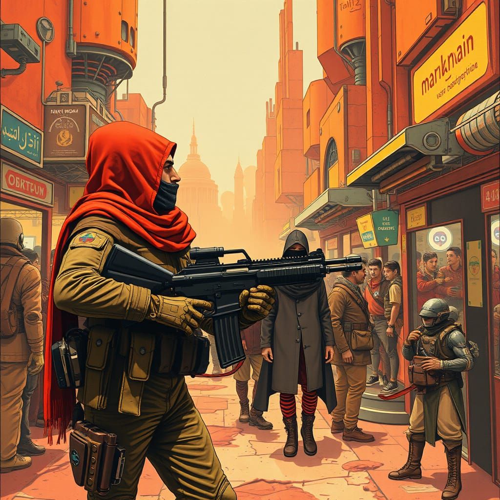 Futuristic Martian Standoff in Neo-Futurist Style