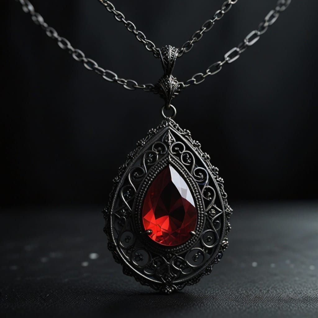 Blood-Red Teardrop Gemstone Necklace in Dark Fantasy Style