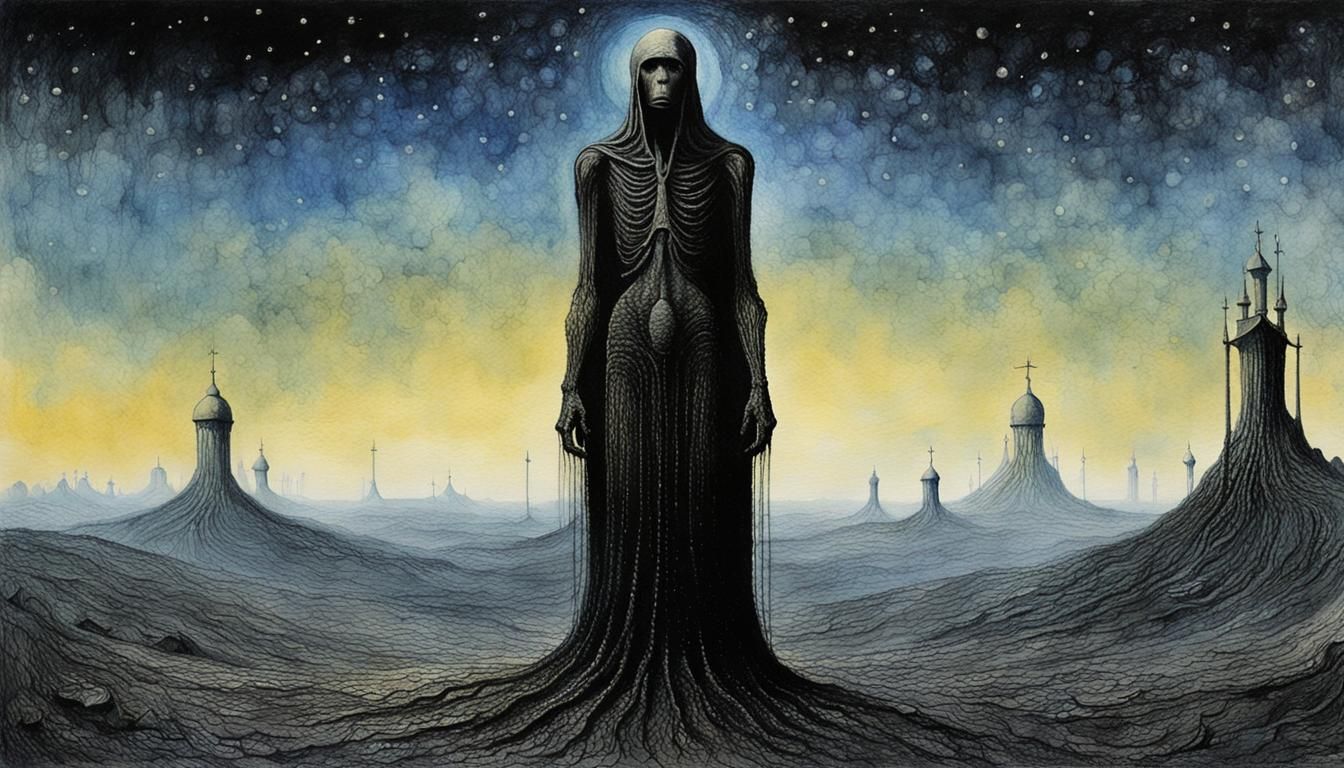 Oily Black Figure in Watercolor Horror Scene