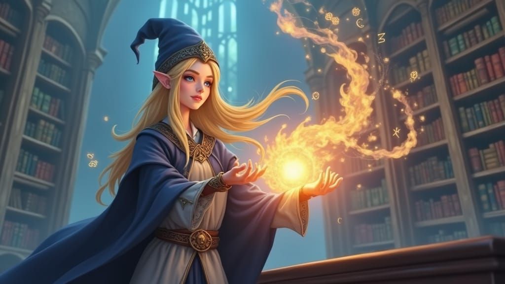 Half-Elf Wizard Casting Spell in Colorful Library