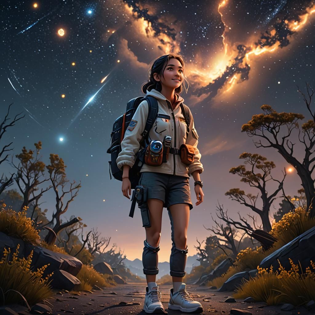 Girl with Paintbrushes Under Starry Sky, Detailed Matte Pain...