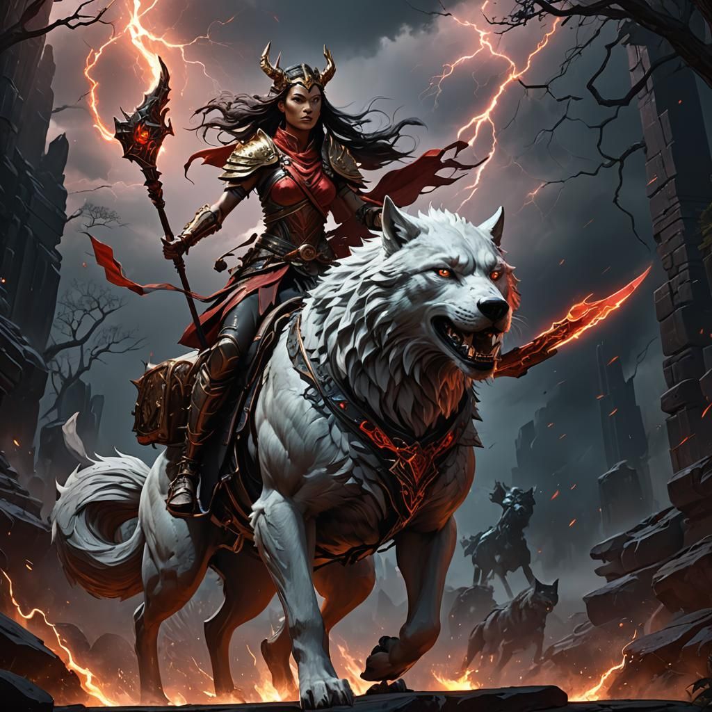 Queen Avatar Warrior on Fantasy Wolf in Dark Fantasy Art