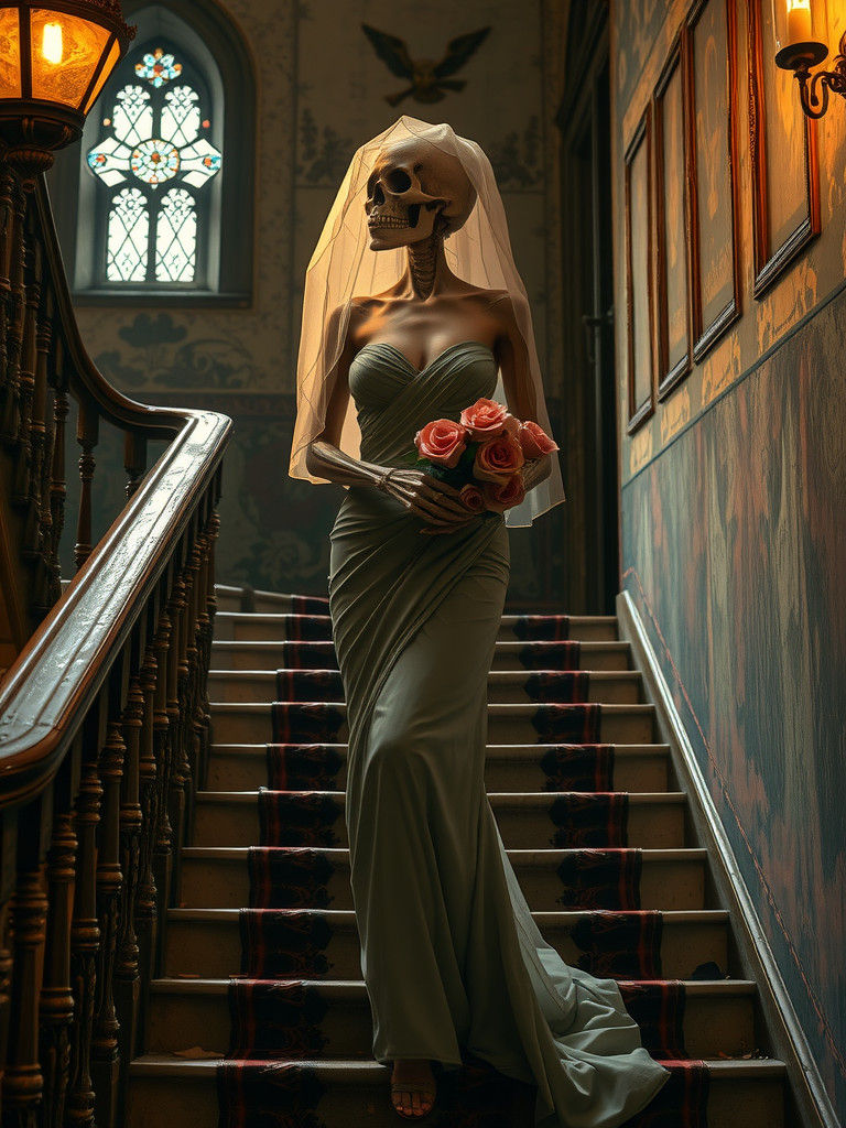 Elegant Skull Specter Ascending Gothic Stairs