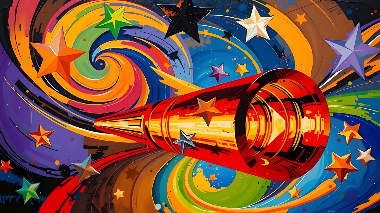 Sleek Metallic Mirror Cylinder in Vibrant Cosmic Dance