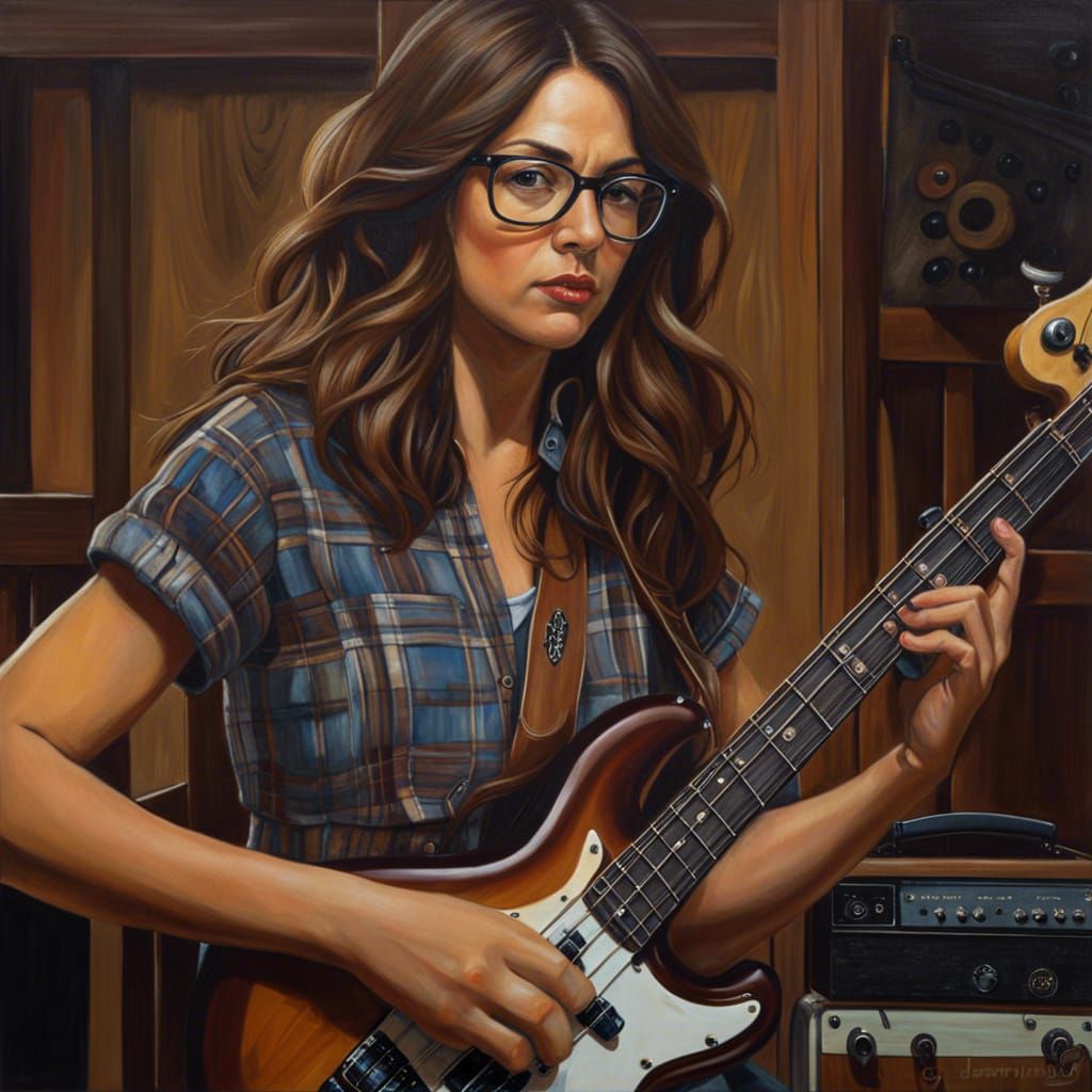 Detailed Oil Painting of Female Bassist