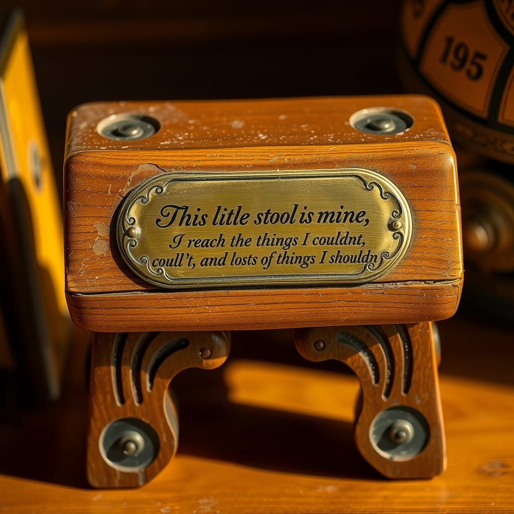 Intricately Carved Wooden Stool with Brass Inscription