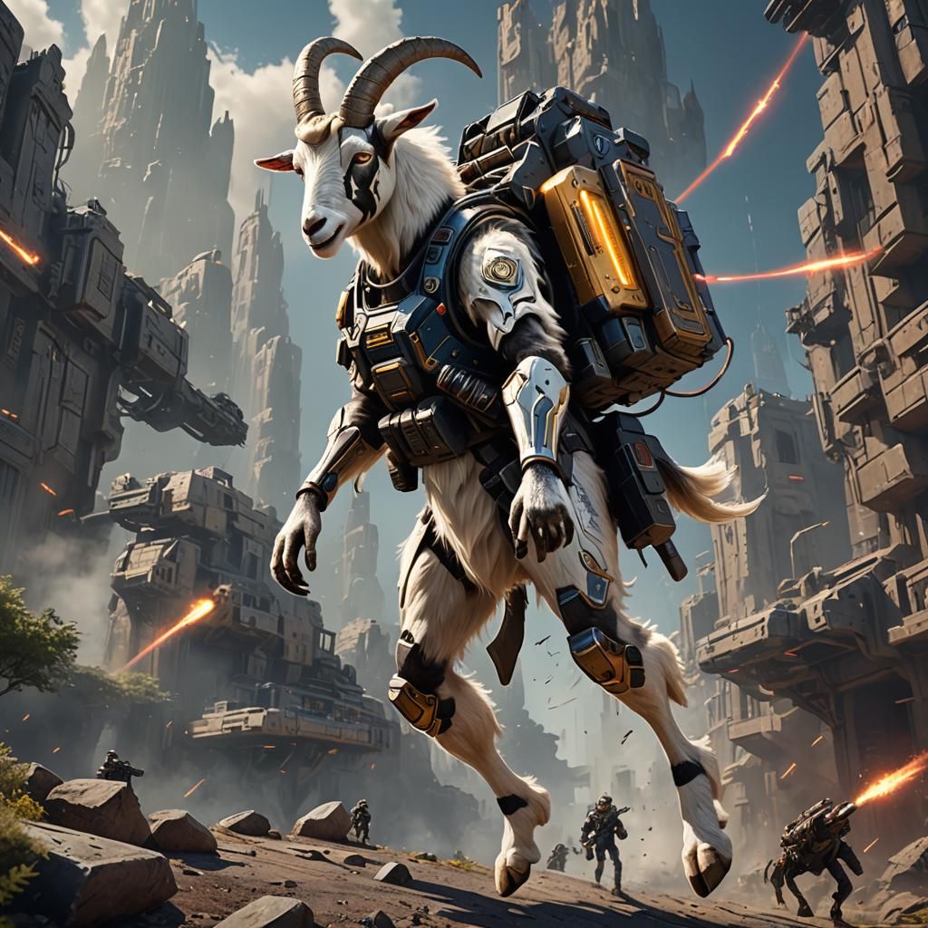 Futuristic Goat Soldier with Jetpack and Laser Rifle