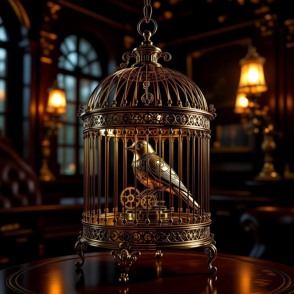 Victorian Birdcage Holds Steampunk Automaton in Opulent Stud...