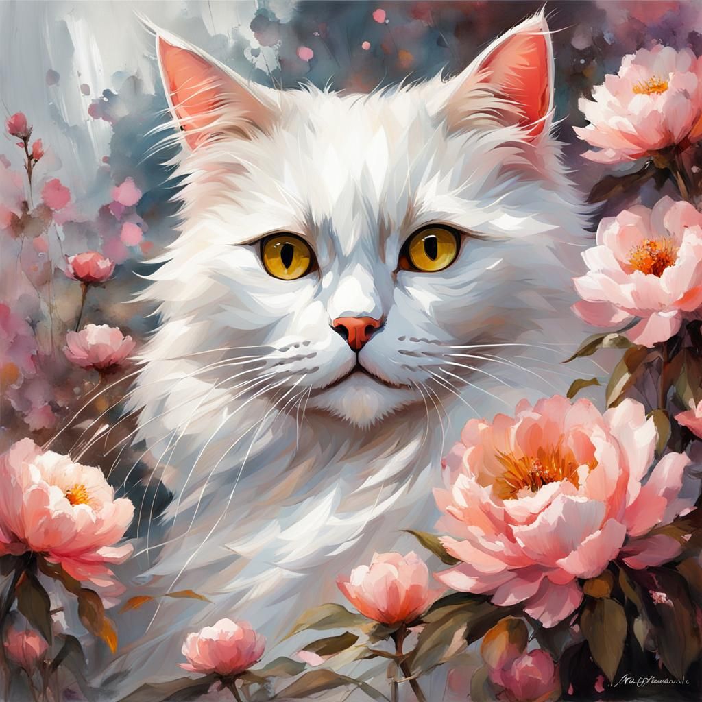 Beautiful White Cat in Oil Painting Style