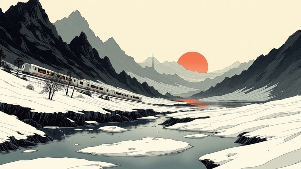 Traditional Korean Ink Painting Winter Landscape with Modern...