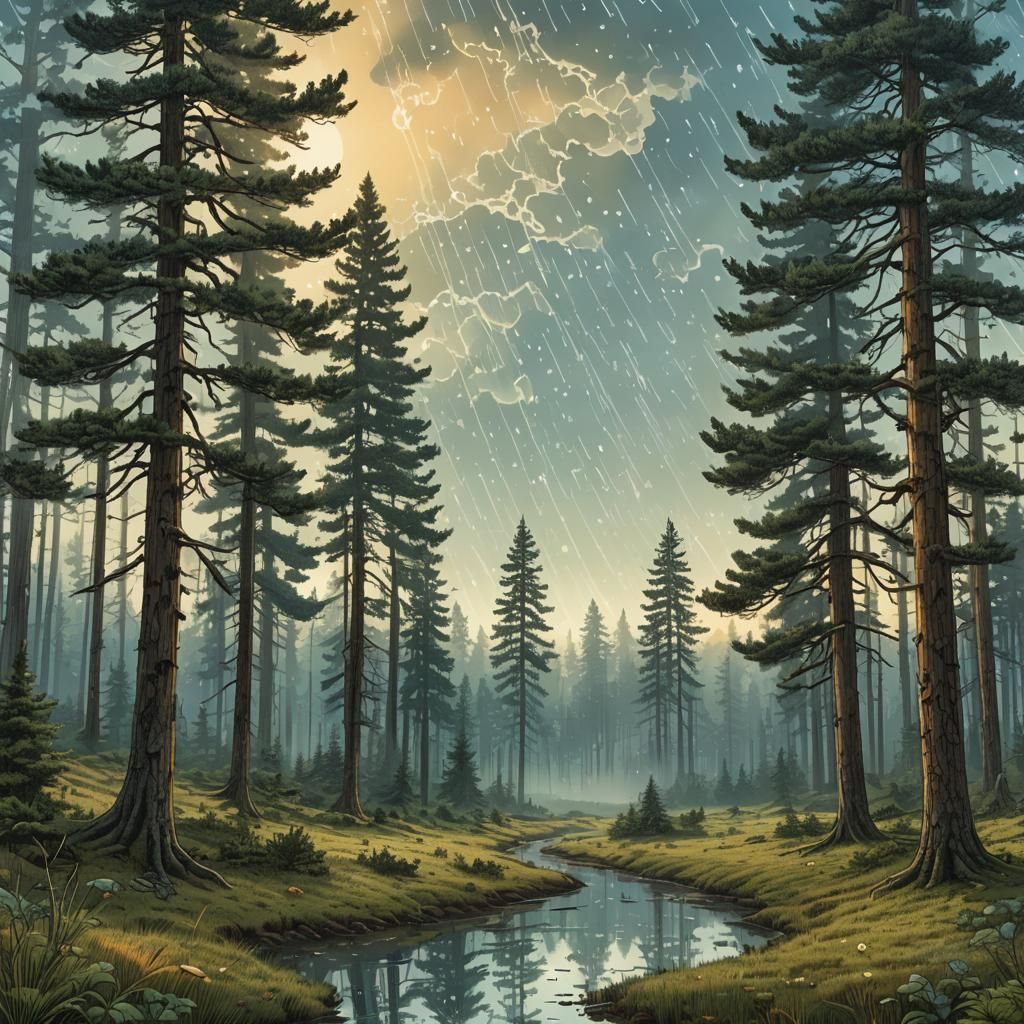 Surreal Dawn: Pine Forest, Meadow, and Fairies