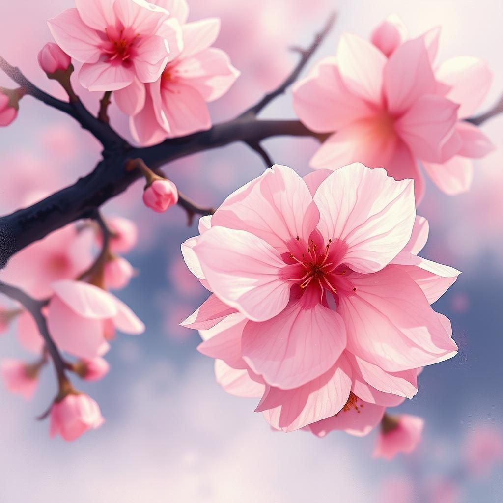 Vibrant Cherry Blossom in Dreamy Acrylic Landscape