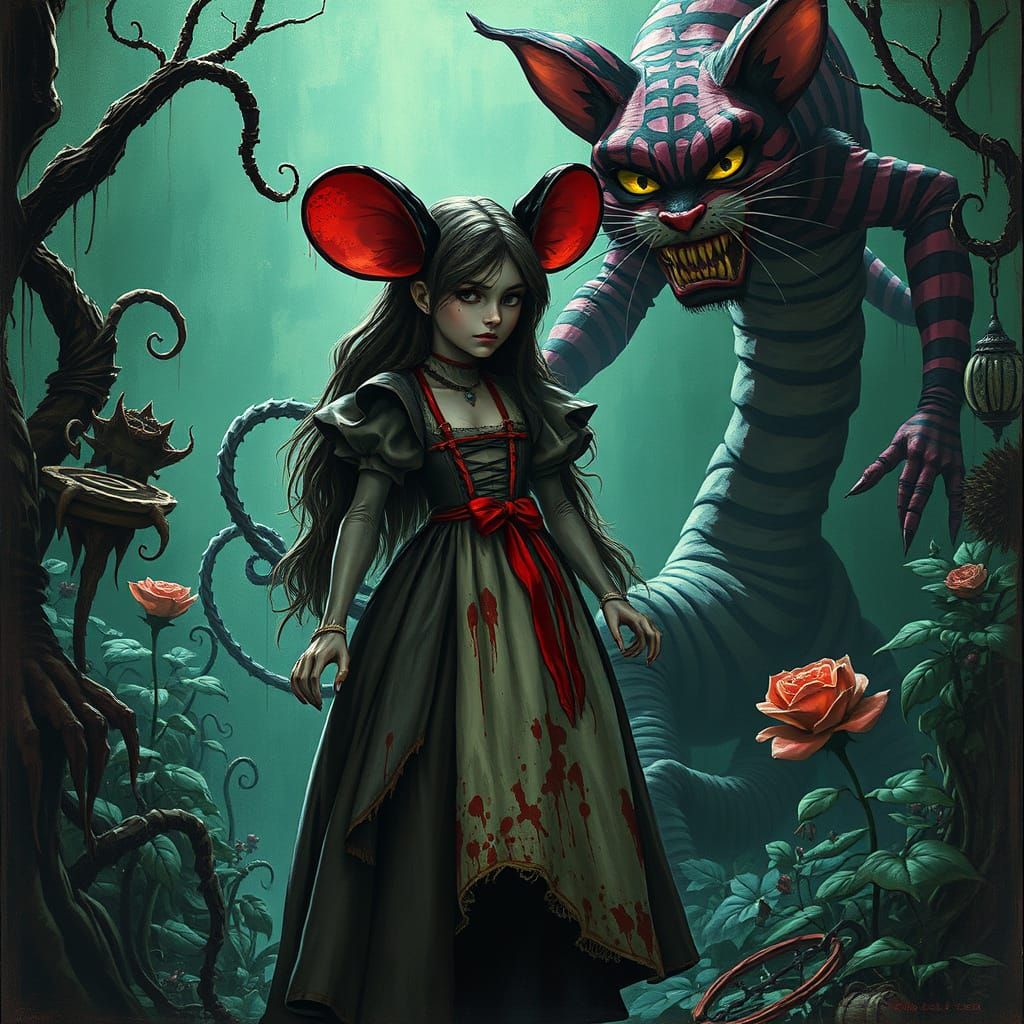 Alice in Twisted Garden: A Dark Surrealist Vision