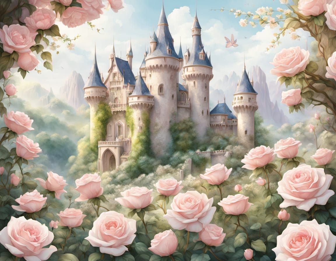 Elegant Fantasy Castle Amidst Blooming White Roses