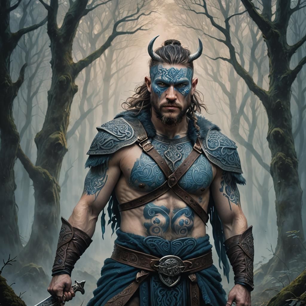 Celtic Warrior in Misty Forest: Oil Painting