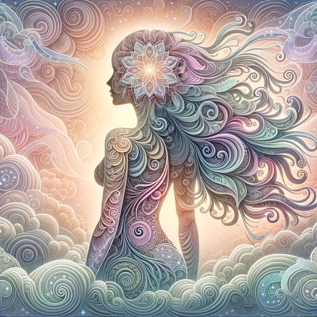 Mandala Silhouette of Woman in Psychedelic Pastel Hues