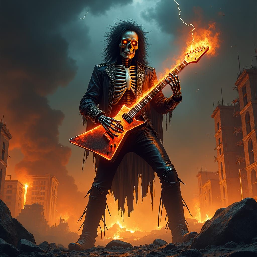 Infernal Skeleton Plays Guitar in Burning Metropolis