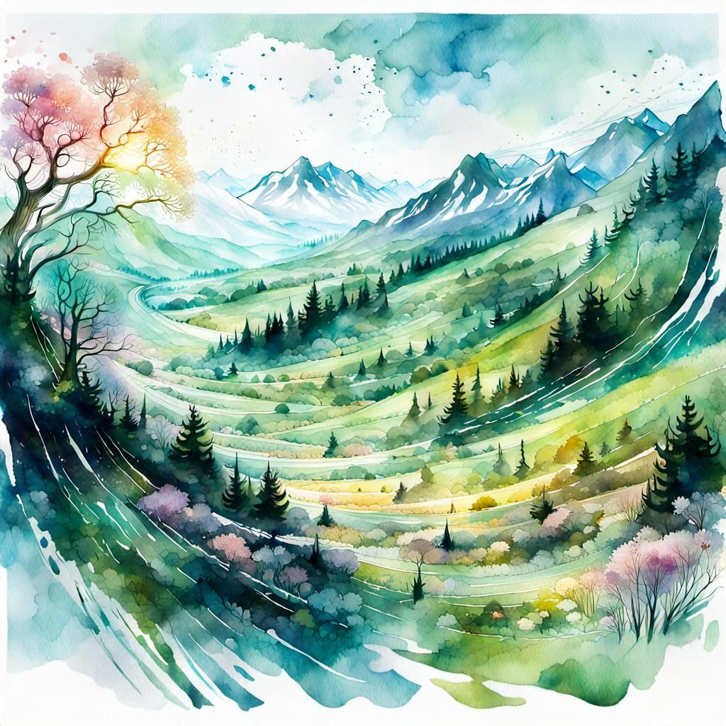 Spring Landscape in Digital Watercolor Style
