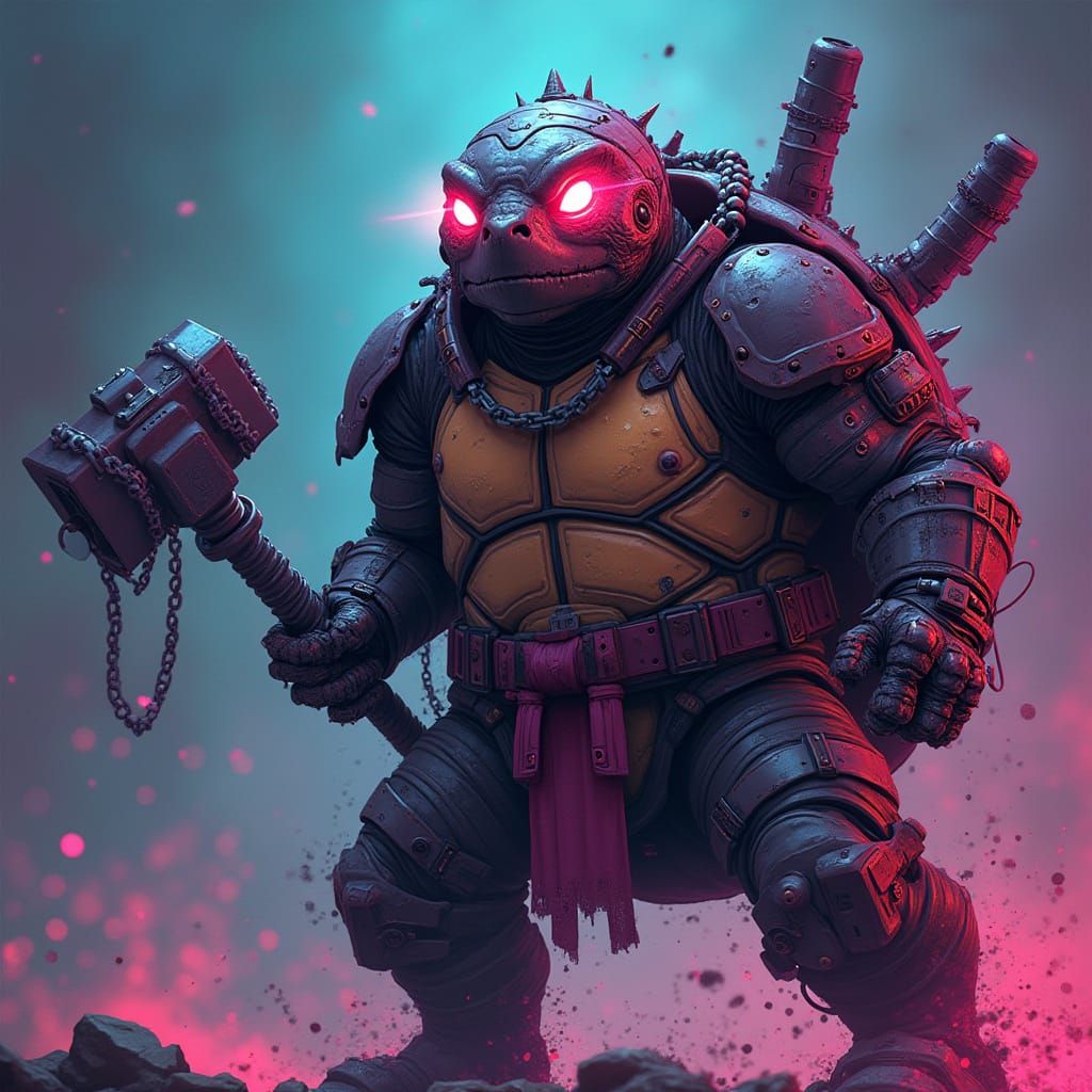 Cybernetic Tortoise Wields Battle Hammer in Neon-Lit Stealth...