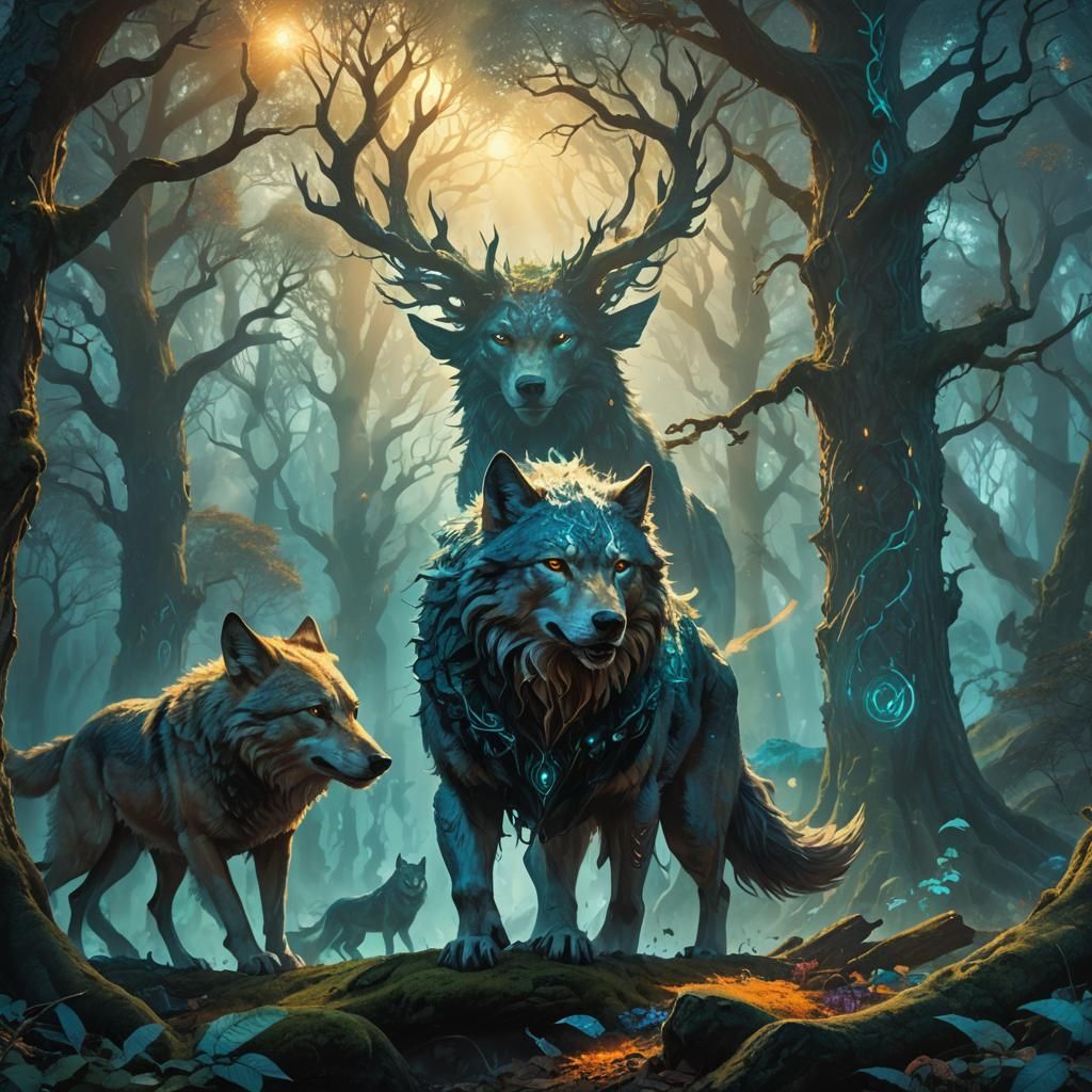 Druid Summons Wolf in Mystical Forest: Digital Art