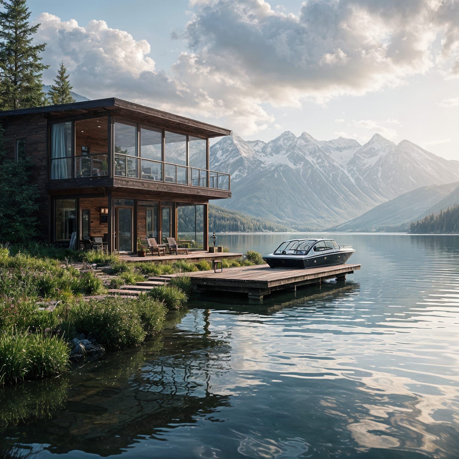 Mountain Lake Cabin with Cinematic Film Still Atmosphere