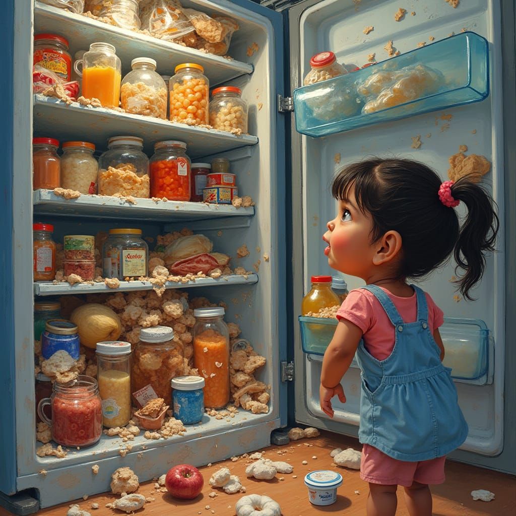 Joyful Girl Faces Messy Refrigerator in Vibrant Oil Gouache