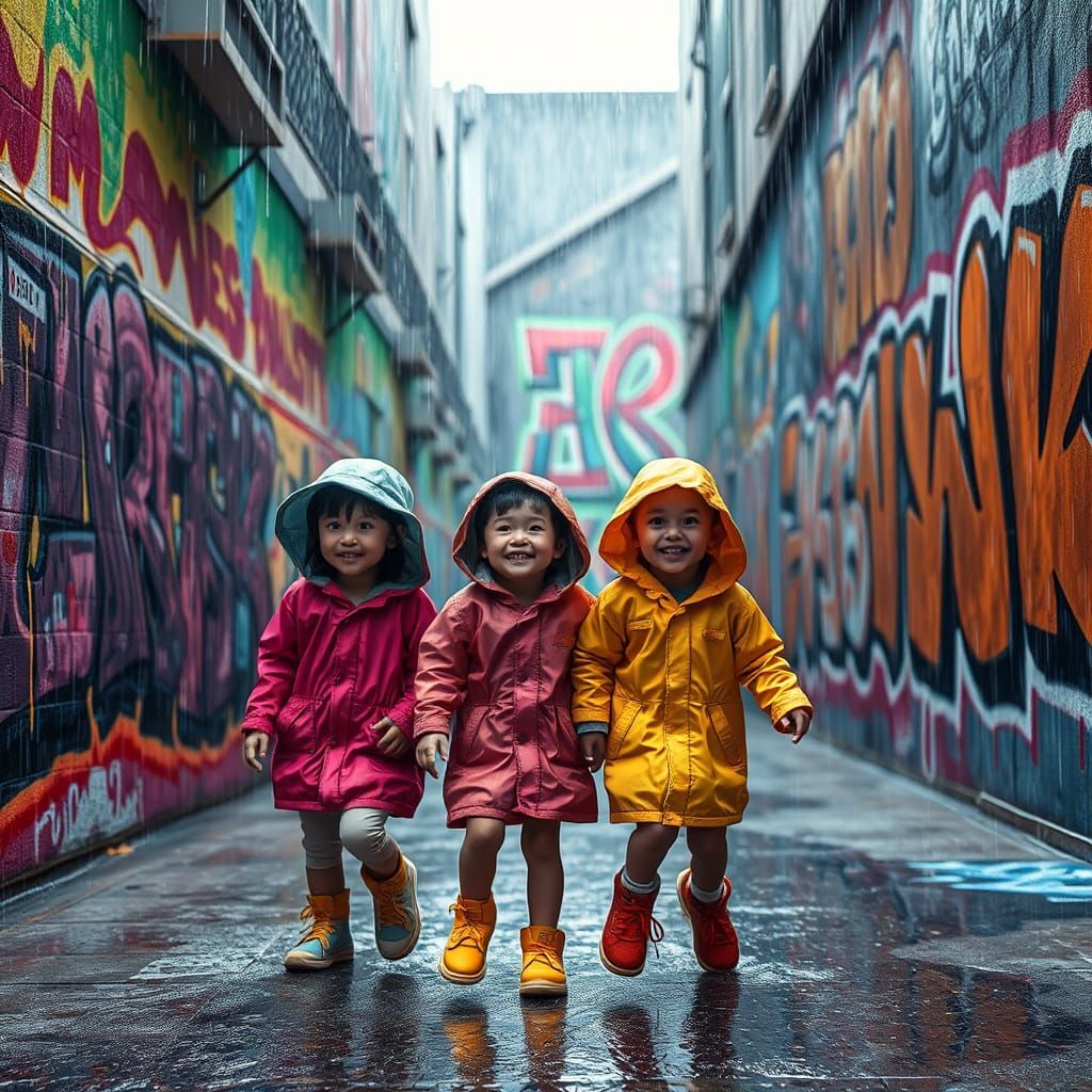 Children Playing in Rain: Graffiti Splash Art