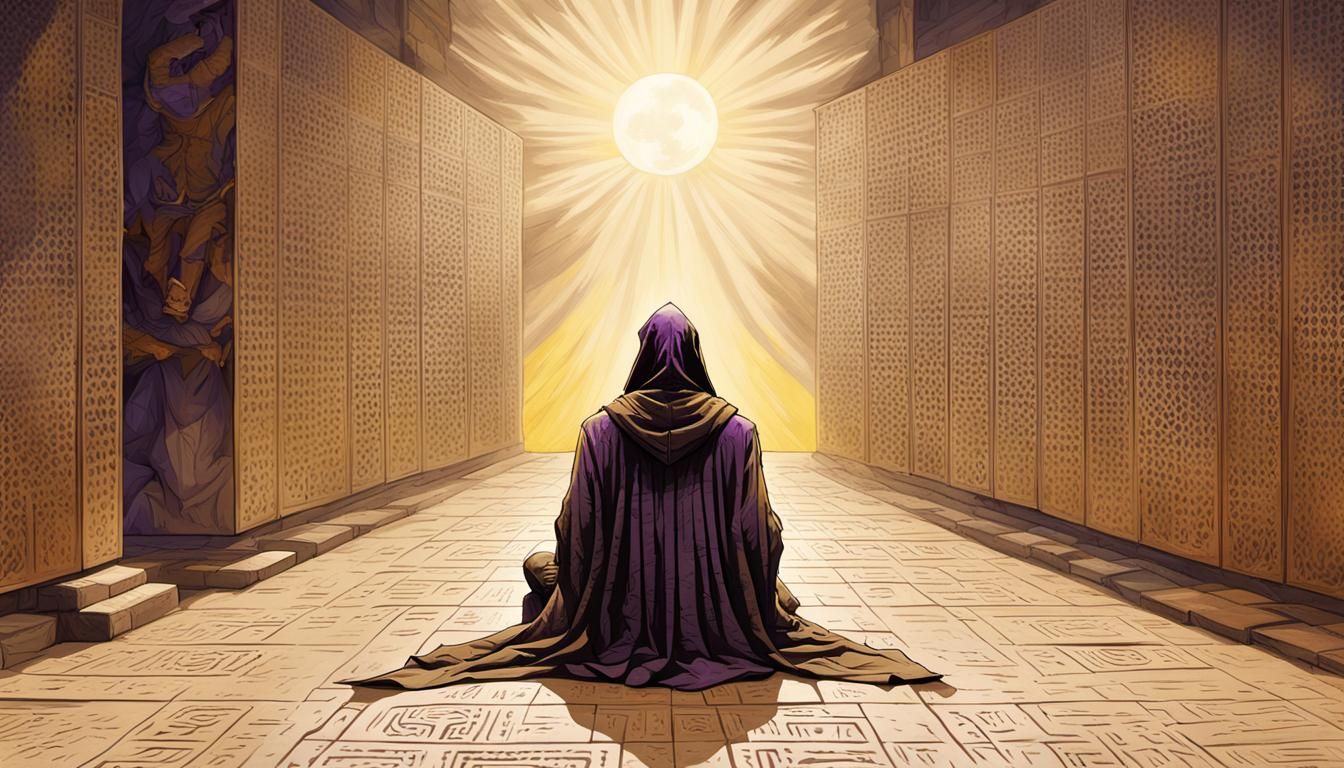 Arcane Hooded Figure Before Symbolic Wall