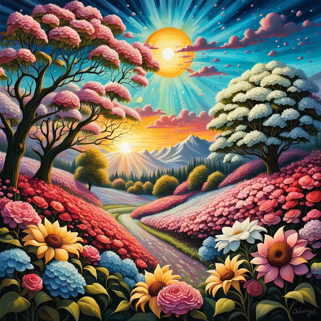 Dogwood Trees in Blooming Field: Graffiti Art