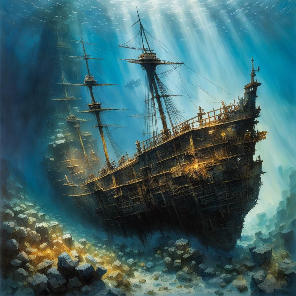 Intricate Underwater Shipwreck Scene in Meticulous Detail