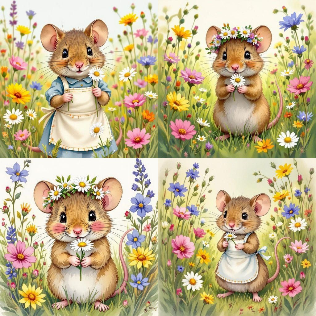 Shy Mouse with Daisy in Flower Meadow
