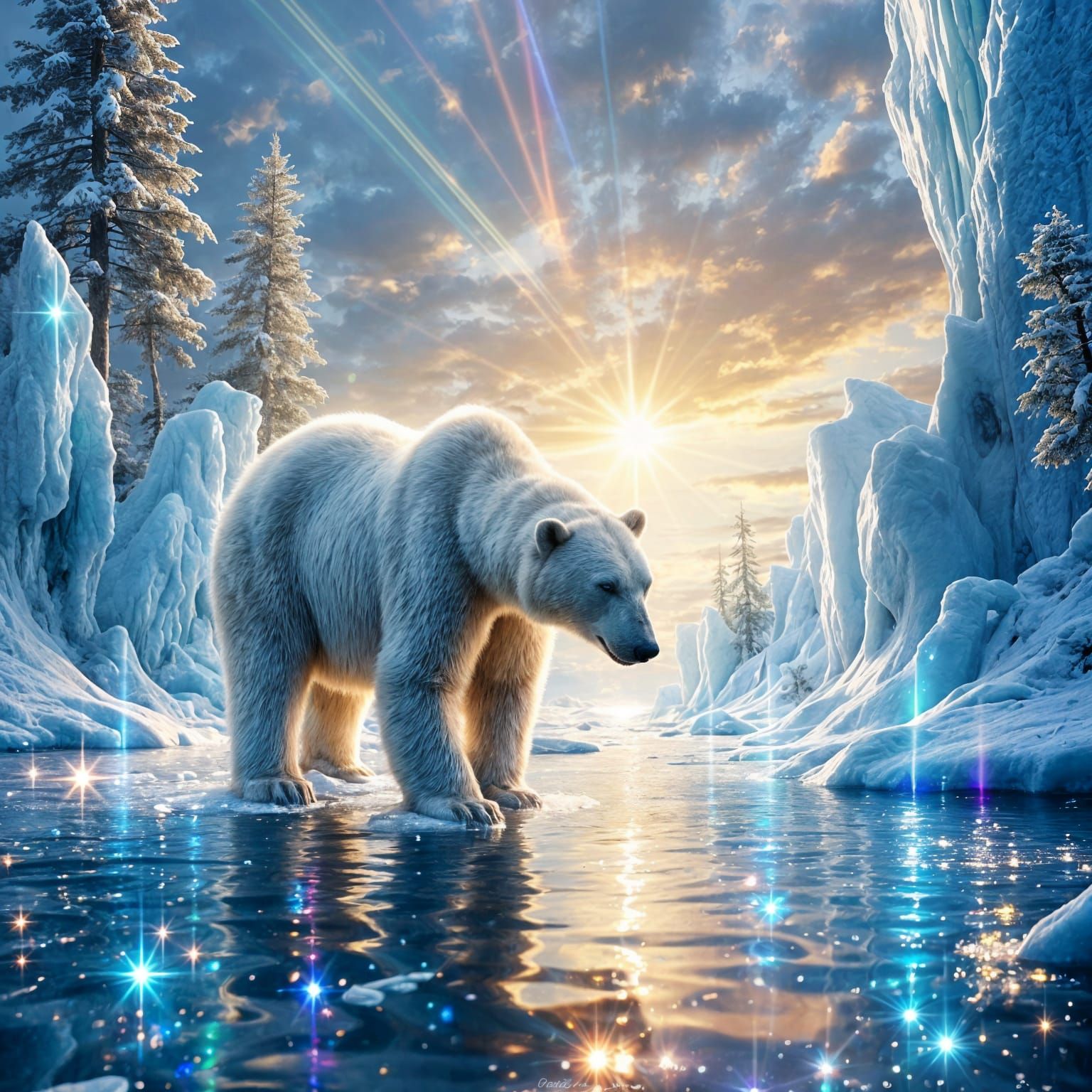 <lora:Exquisite Flux:1.0> A majestic polar bear standing in its icy arctic habitat, :vibrant colored prismatic beams of ...