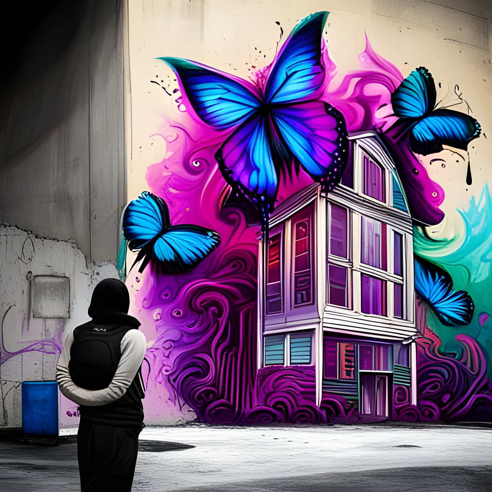 Colorful Graffiti Art of a Purple Butterfly House