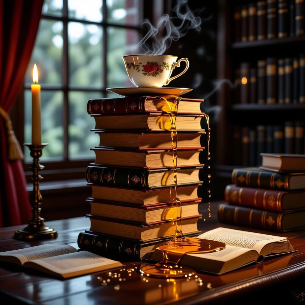 Golden Tea Spills on Books by Warm Candlelight
